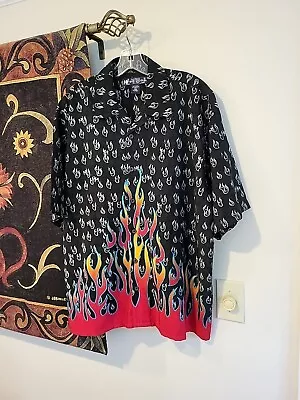 VTG Big Dogs USA Made Button Shirt Polyester Short Sleeve Flames Fire Mens LG/XL • $9.99