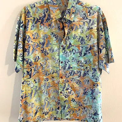 Cotton Club Shirt Mens XL Blue Orange Fish Print Cotton Button Front • $10.37