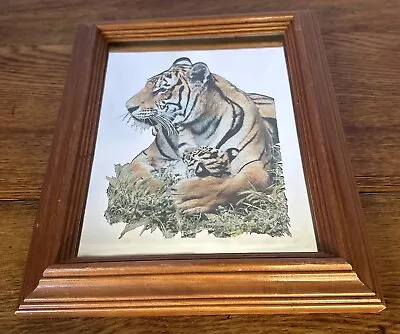 Vintage Mother Tiger Mom & Cub Framed 3D Metallic Painting W/Mirror • $52.53