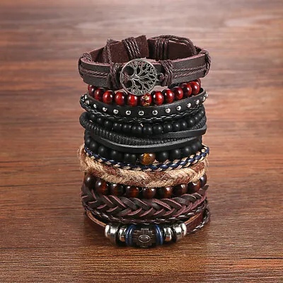 11pcs Woven Braided Leather Bracelet For Men Women Hemp Cords Wood Beads Cuff • $13.99