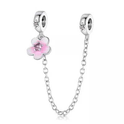 Real Pink Cherry Blossom Safety Chain 925 Sterling Silver Women Bracelet Charm • $16.98