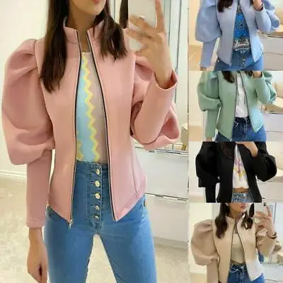 Ladies Puff Sleeve Bomber Jacket Zip Up Shoulder Long Blazer Top Cropped Jacket • £14.99