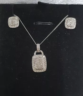 9ct 375 White Gold Diamond Pave Square Milgrain Halo Necklace Earrings Set • £255