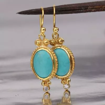 $49 • Buy Omer Handmade Roman Art 925 Sterling Silver Turquoise Earrings 24k Gold Plated