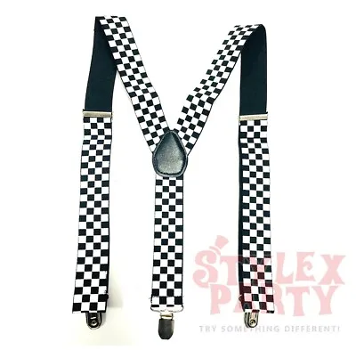 Checkered Braces Black White Suspenders Fancy Dress Costume Police Adjustable UK • £3.99