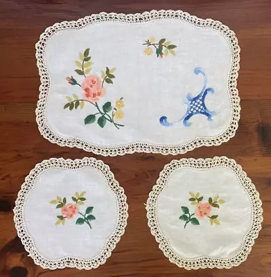 Vintage Embroidered Crocheted Cotton Doilies Duchess Dresser Vanity Set Roses • $28