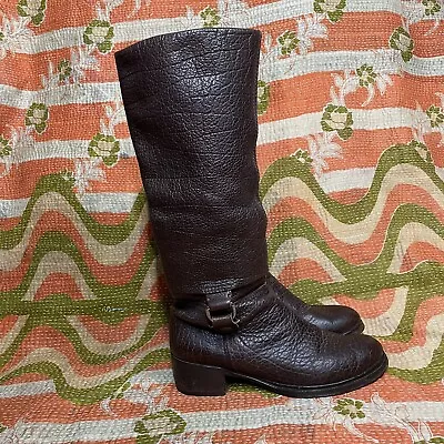 Miu Miu Block Heel Buckle Pebbled Bison Brown Leather Riding Moto Engineer Boots • $200