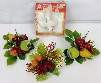 Vintage Christmas 4pc Lot Fruit Floral Picks White Dove Spun Cotton Crafts Decor • $12