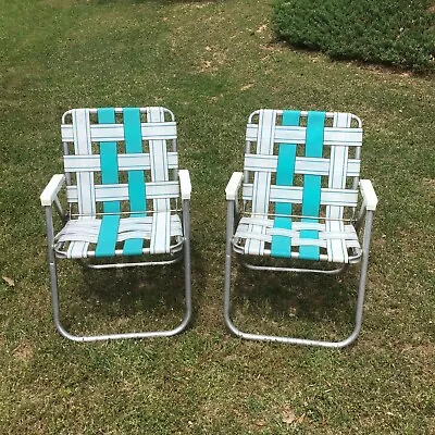 VINTAGE SUNBEAM FOLDING LAWN CHAIRS Webbed Turquois Wht Yard Deck Lot Of 2 READ • $79.99