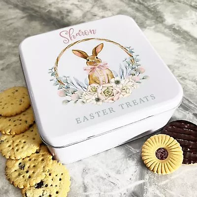 Easter Rabbit Pink Flower Wreath Personalised Gift Biscuit Sweets Treat Tin • £14.41