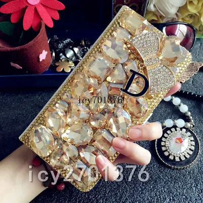 Jewelled Bling Crystal Diamonds Leather Wallet Flip Case Cover & Shoulder Strap • $30.56