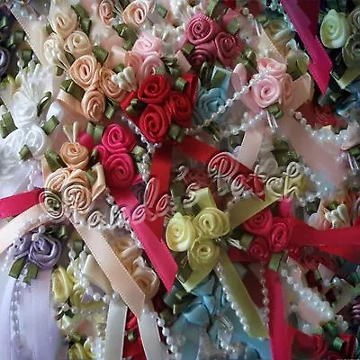 Satin Ribbon Bow And Rose Trio Clusters With Pearls - Choose Colour & Pack Size • £3.49