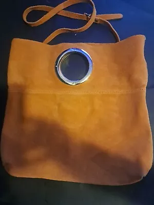 Zara Trafaluc Mustard Yellow Handbag Purse Suede Silver Round Handle Crossbody  • $43