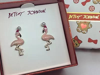 Betsey Johnson Signed Christmas Flamingo In Santa Hat Post Earrings NIB • $22