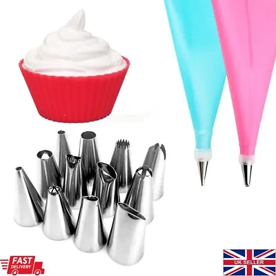 14Pc Reusable Icing Piping Cake Cupcake Cookie Decorating Kit Steel Nozzle Set • £2.99