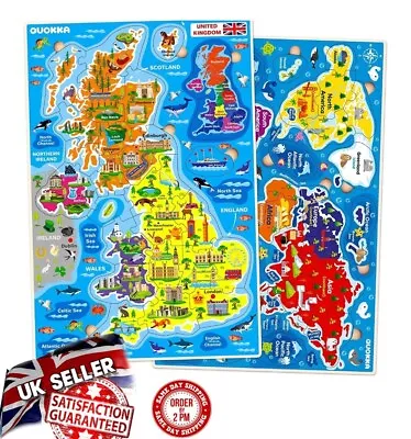 Wooden Jigsaw Puzzle For Kids Age 3 4 5 6  7 8 9  10Year Olds – UK & World Map • £12