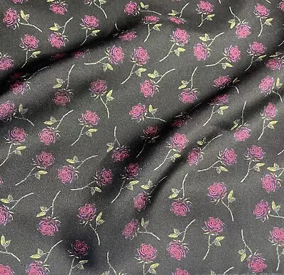 £1.49 • Buy Twill Pure Silk Fabric Pink Rose Printed Black Colour 51  Wide Sold By Metre