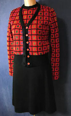 VTG 70s 2 Pc Dress Jacket Set Suit RED CHECK VGC XS S Sweater Knit Poly Alfreda • $44.99