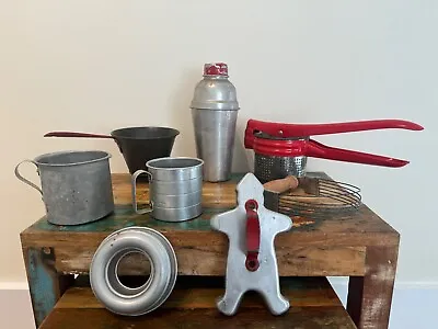 Vintage RED Handled Potato Ricer Masher Strainer Kitchen Utensils Farmhouse Lot • $22