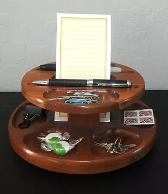 Vintage Decatur Industries Walnut Tray Desk Caddy Lazy Susan 2-Tier MCM Design • $37.50