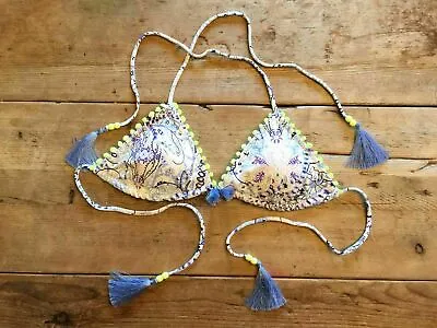 Victoria's Secret Blue Floral Pom SMALL Teeny Triangle Swim Suit Bikini Top VS!! • $6.99