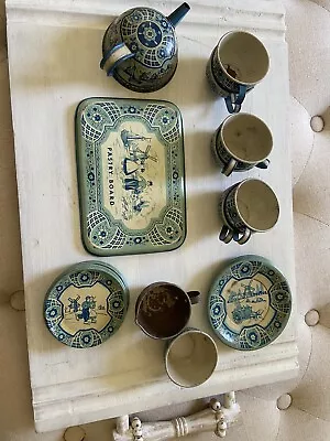 Vintage Metal Wolverine Toy Tea Cup Set W/ Tray - Dutch Blue Delft 22 Pieces • $25