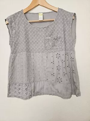 C.Keer Patchwork Eyelet Top Size XS Gray Anthropologie Embroidered • $21.25