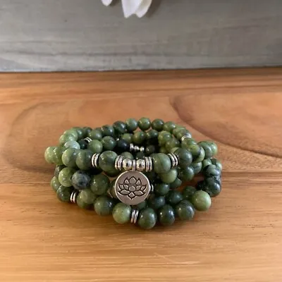 108 Mala Beads 8mm Green Jade Crystal Beaded Bracelet Lotus Charm Necklace • $15.90