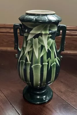 Vintage Dark Green Bamboo Double-handled 9” Ceramic Vase • $9.95