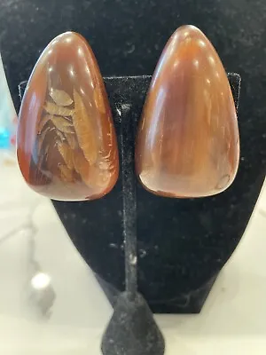 Vintage Gerda Lynggaard Monies Diamond Shape Brown Horn Clip On Earrings Retro • $80