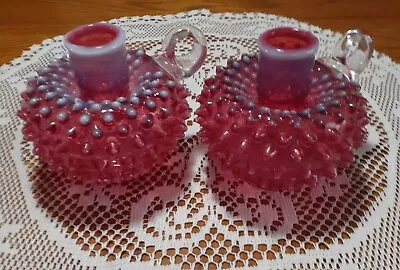 Vintage Fenton Cranberry Opalescent Hobnail  Candlesticks  • $69.99