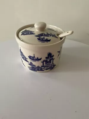 Churchill Jam Pot With Spoon Blue & White • £5