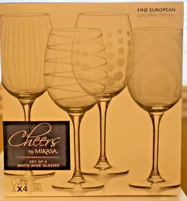 MIKASA Cheers Barware Set Of 4 White Wine Glasses 16oz Swirl Dots Stripes • $65