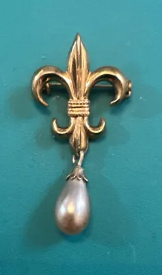 Vintage Jewelry Fleur De Lis Brooch Pin Faux Pearl ￼Dangle  Gold Tone Metal  ￼ • $10