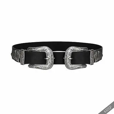 £6.50 • Buy Womens Double Buckle Thick Faux Leather Western Belt Ladies Waist Band S M L XL