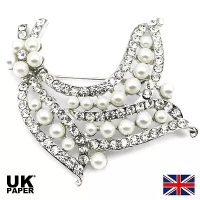 New Silver Bouquet Modern Pearl Crystal Pin Brooch Ladies Women Lapel Party Gift • £4.55