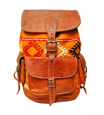 Moroccan Leather Backpack Rucksack Boho Kilim Carpet Bohemian Travel Bag Brown • $62