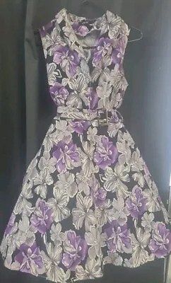 ZAFUL Black N Purple Floral Belted Fit N Flair Dress Sz L Collar  Button Rckably • $25.66