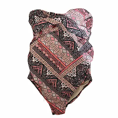 Isabel Maternity Swimsuit Small Pink One Piece Patchwork Floral Strapless D/DD • $9.99