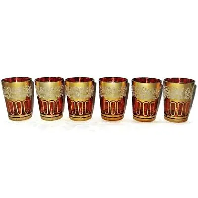 Handblown Italian 3 1/2  Moorish Red Cranberry & Gold 4 Ounce Glasses - Set Of 6 • $80.99