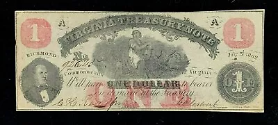 1862 State Of Virginia $1 Treasury Note Confederate Obsolete Note • $59