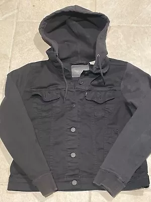 Levi's Jean Jacket Womens Large Black Denim Up Button Sweatshirt Sleeves Hoodie • $22.99