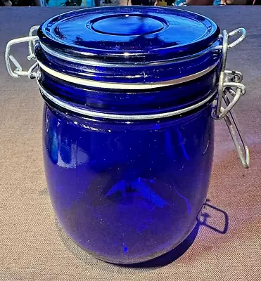 Vintage Cobalt Blue Glass Round Jar With Hinged Lid • $15