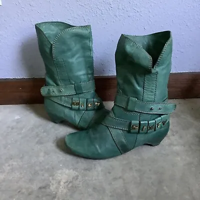 Miss Sixty SPELL OUT LETTERS Green Leather Slouch Pirate Y2k Boots Size EURO 41 • $129.99