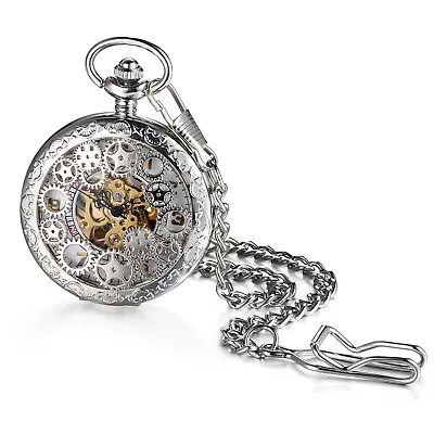 Vintage Mens Womens Pocket Watch Mechanical Silver Tone Steampunk Skeleton Chain • $21.99