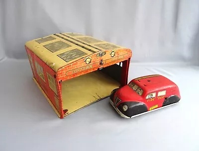 Vintage Tinplate Clockwork Fire Department Car With Station - Mettoy Gt Britain • £14.95