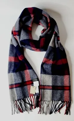 J CREW 100% Cashmere Scarf Plaid Tartan Check Navy/Gray/Red Muffler Wrap! NWT • $45