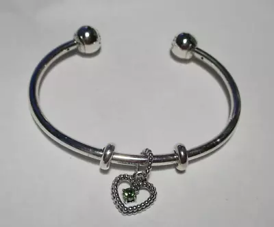 $75 • Buy PANDORA Open Bangle & Heart AUGUST Green Crystal Birthday Dangle Charm 798854C10