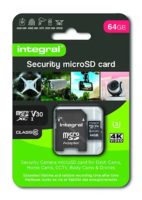 Integral 64GB Micro SDXC Card Memory Card With SD Adapter - Dash Cam CCTV DRONE • £12.95