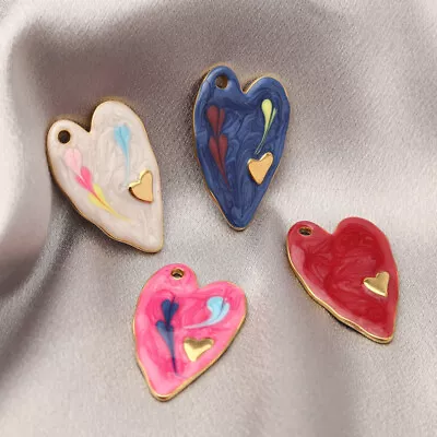 5pcs Enamel Heart Pendant Stainless Steel Gold Charm Jewelry Crafts 38mm • $7.99